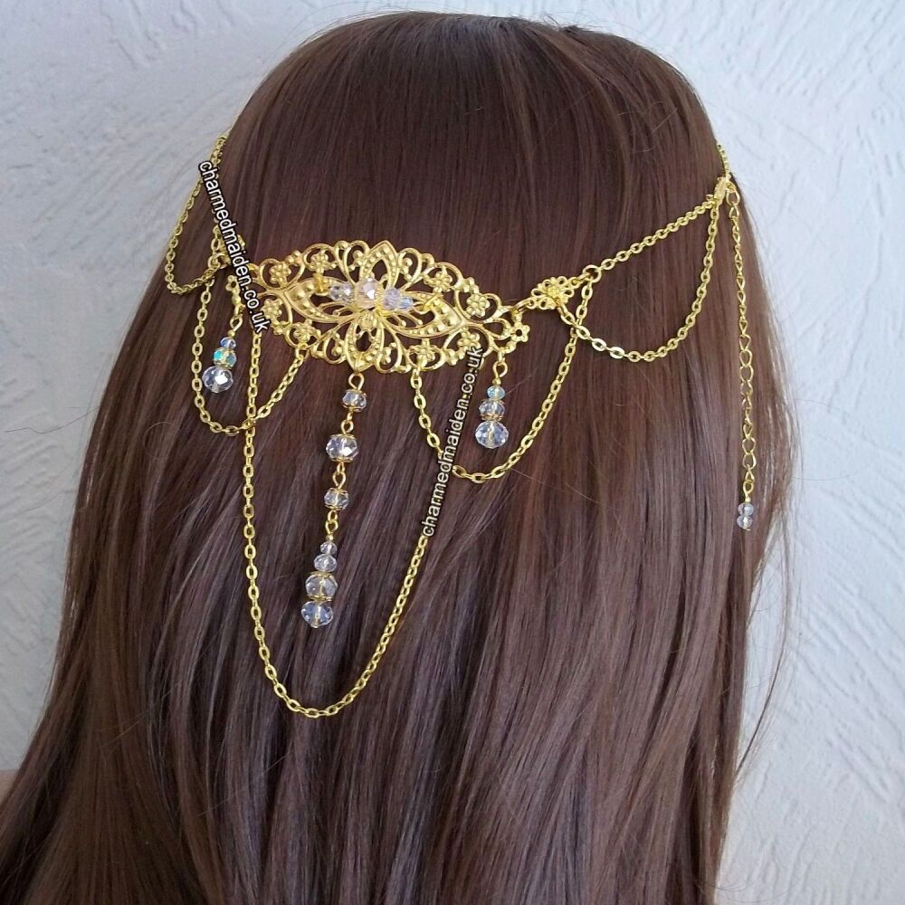 Gold Crystal Wedding Fairy Elven Renaissance Headdress