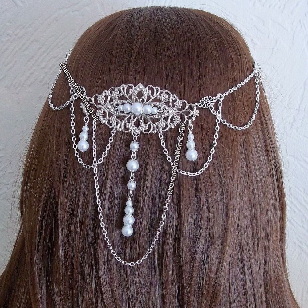 Silver Pearl Renaissance Wedding Headpiece