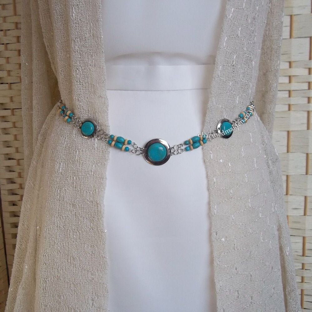 Turquoise & Wood Beaded Boho Western Chain Belt