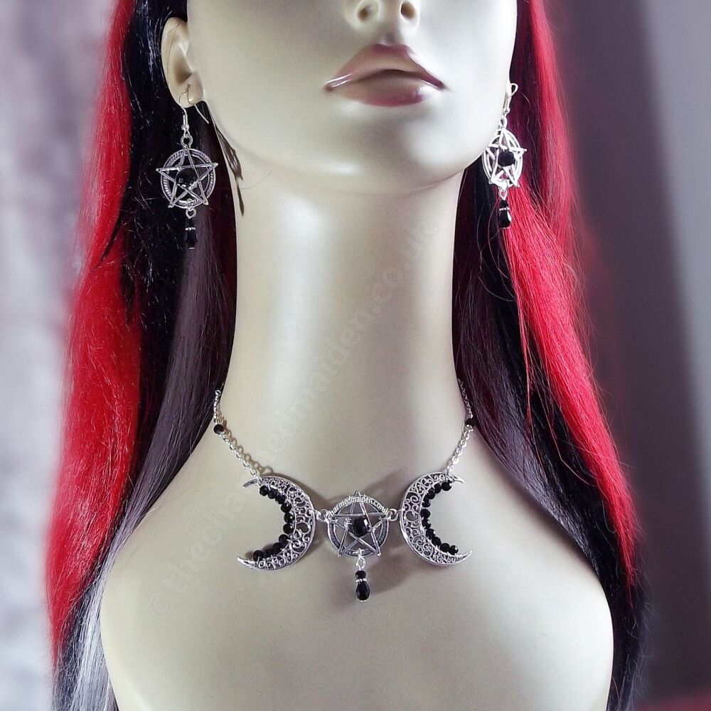 Pentagram Moon Necklace & Earrings Set