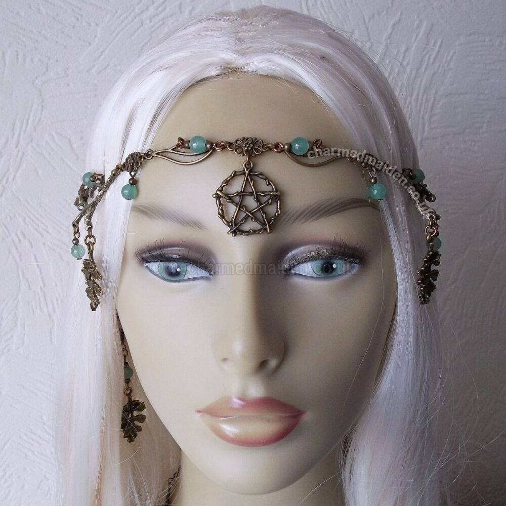 Pagan Witch Bronze Oak Leaf Headdress, Various Gemstones