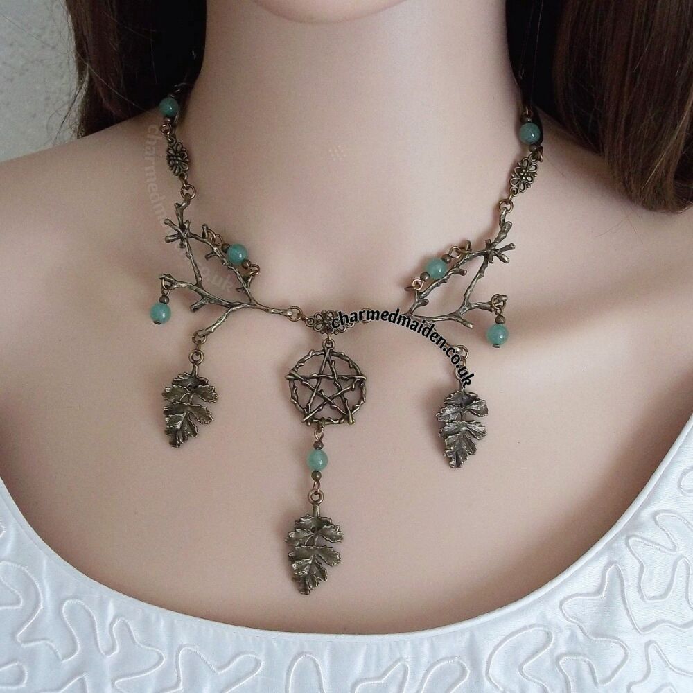 Pagan Witch Bronze Oak Leaf Necklace, Various Gemstones