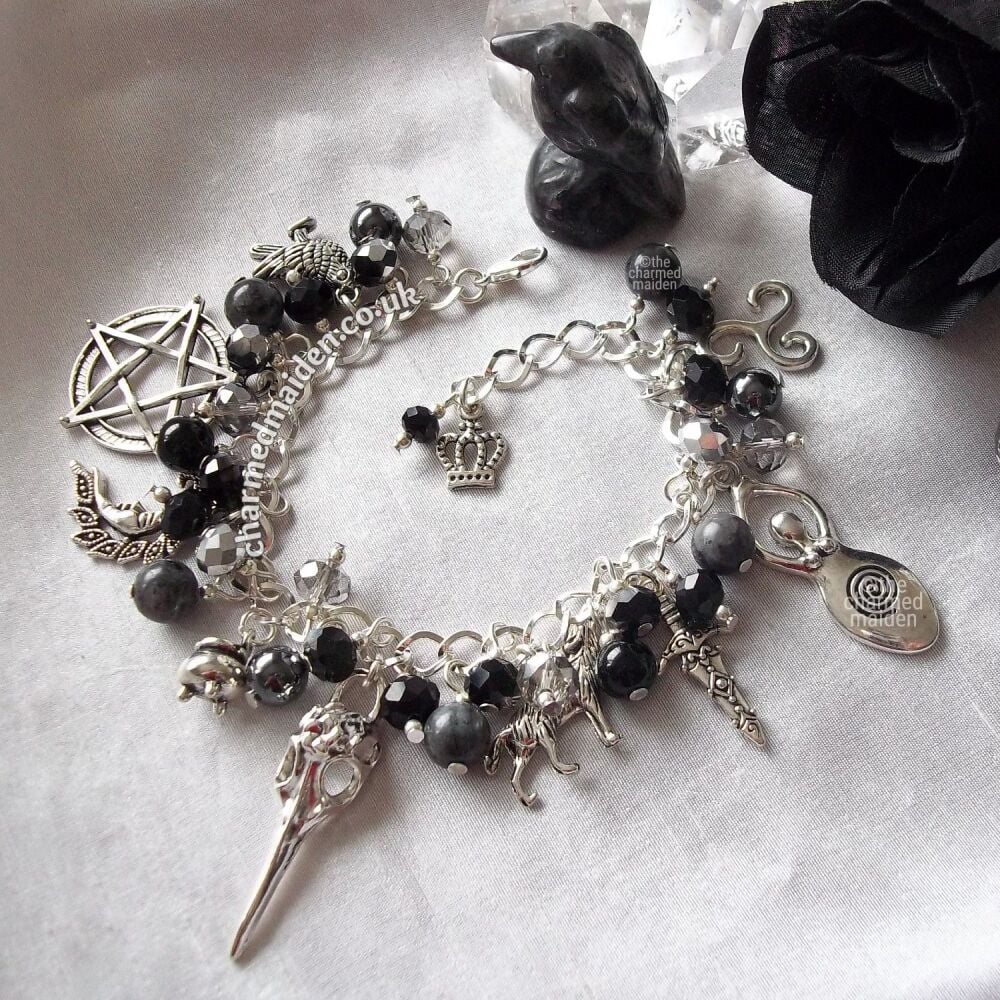 Morrigan Pagan Goddess Crow Skull Charm Bracelet