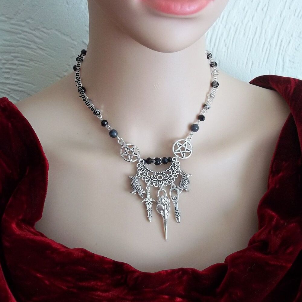 Morrigan Pagan Goddess Crow Skull Necklace