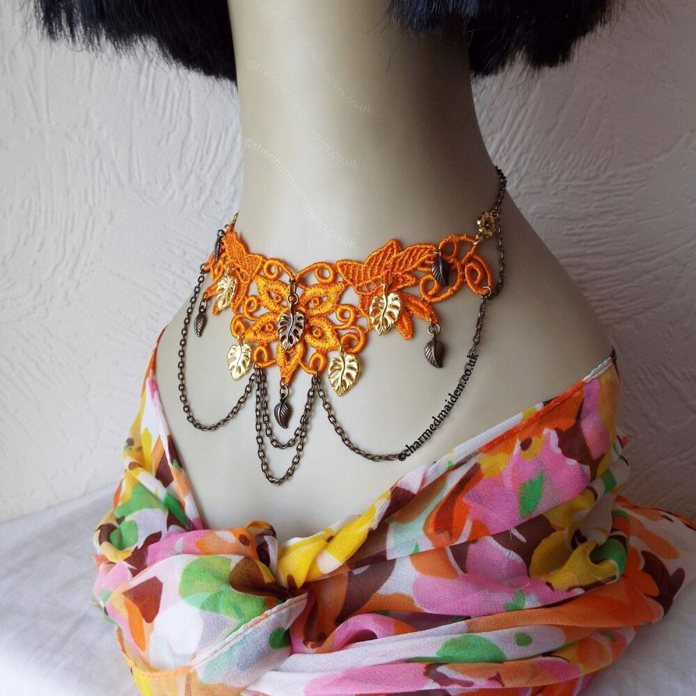 Autumn Leaves Gold and Bronze Woodland Lace Choker Necklace