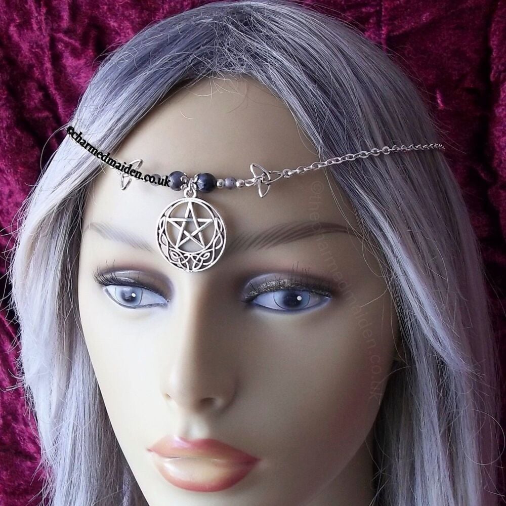 Celtic Pentagram Head Chain, Various Gemstone Beads
