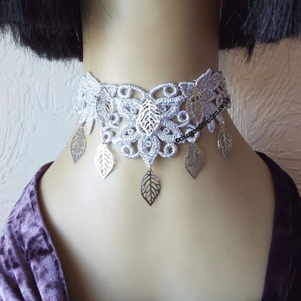 Silver Leaves Lace Choker Necklace