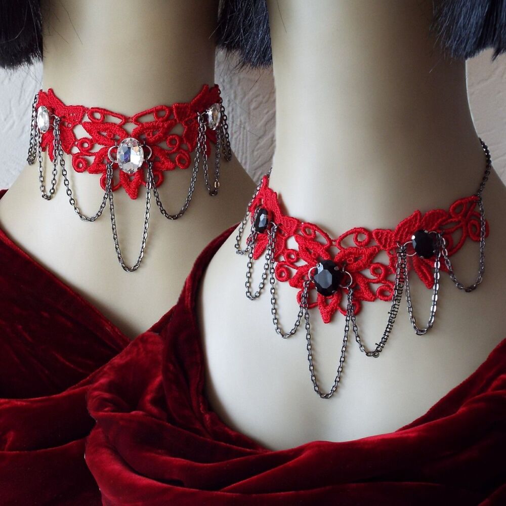 Red Black Crystal Lace Choker