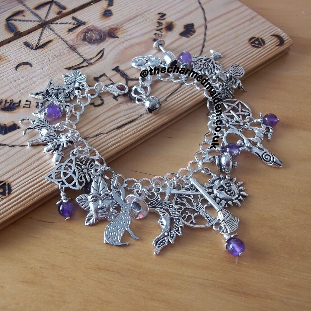 Wiccan Pagan Gemstone Charm Bracelet, Various Gemstone Beads