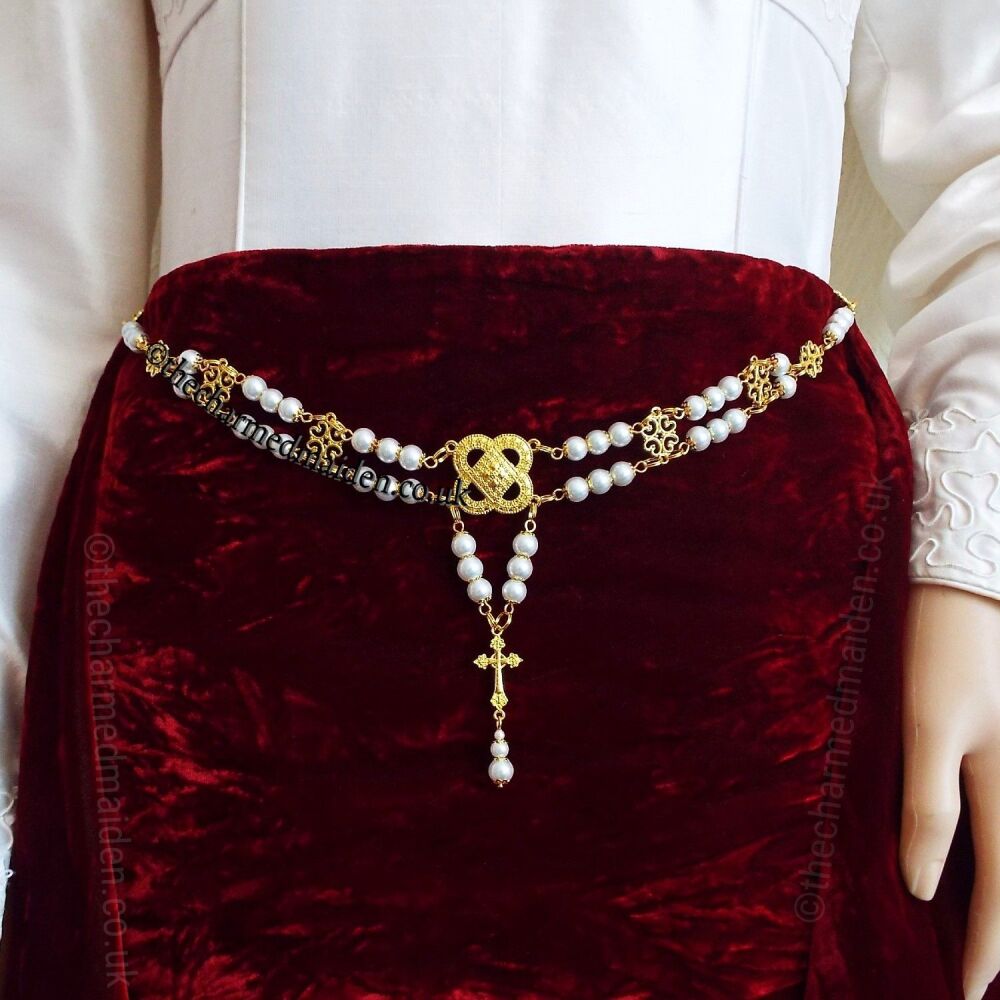 Elizabethan Quatrefoil Pearl Girdle Belt in Gold, Silver or Bronze