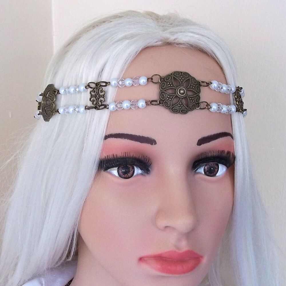 Renaissance Medieval Pearl and Crystal Circlet in Bronze, Silver or Gold