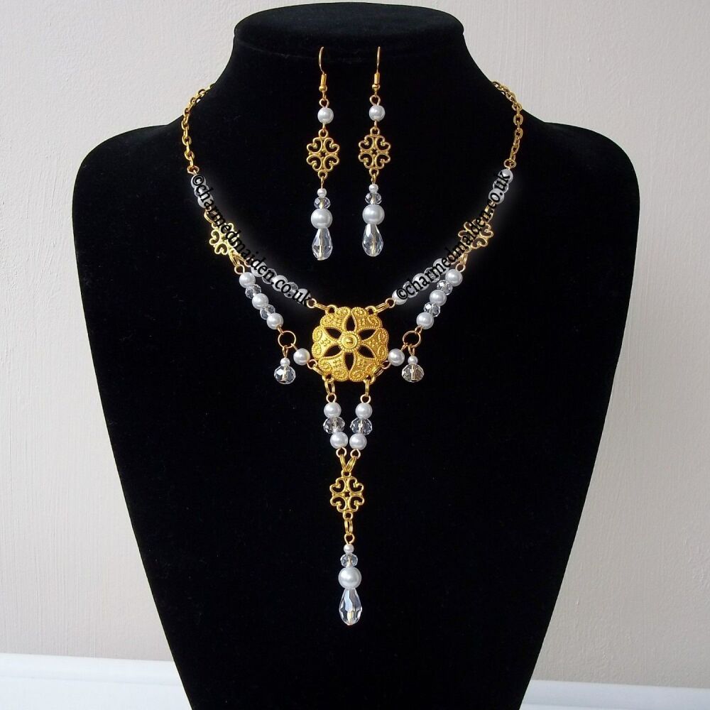 Renaissance Tudor Pearl and Crystal Necklace in Gold, Silver or Bronze
