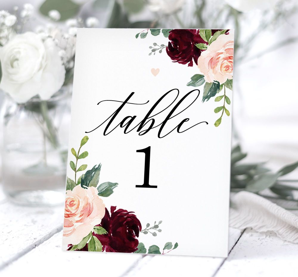 Blush & Burgundy Table Numbers