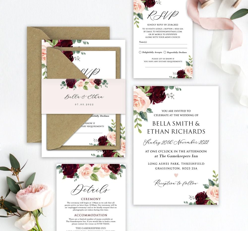 Blush & Burgundy Wedding Invitation Sample