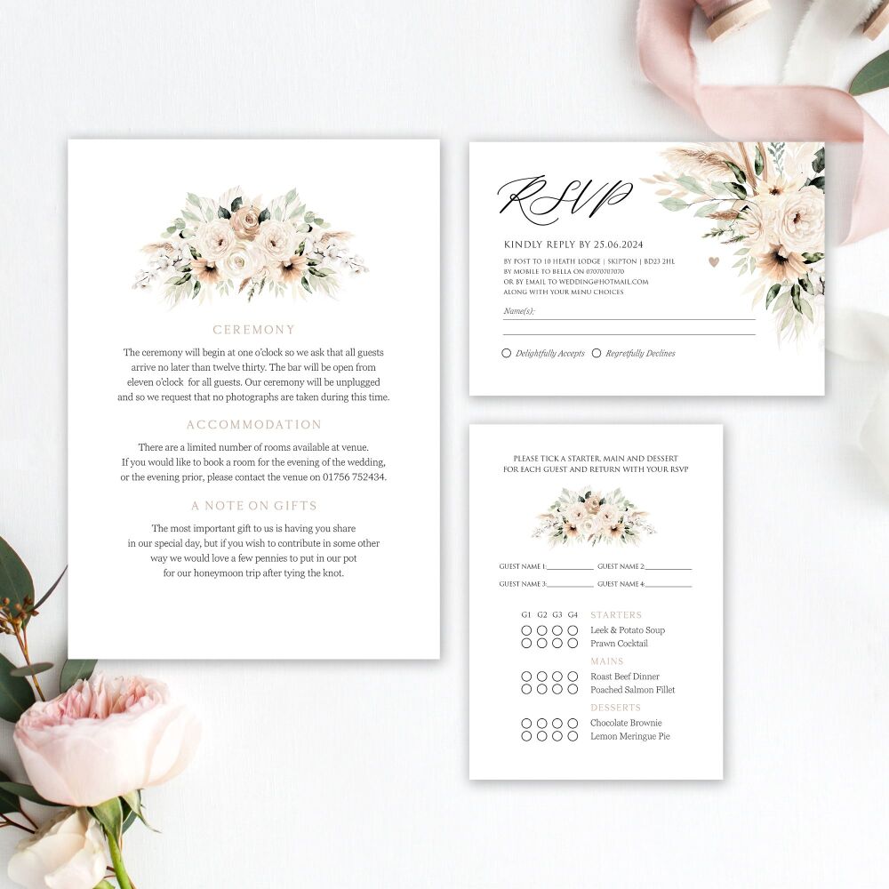 Dried Florals & Pampass Grass Wedding Invitation Sample