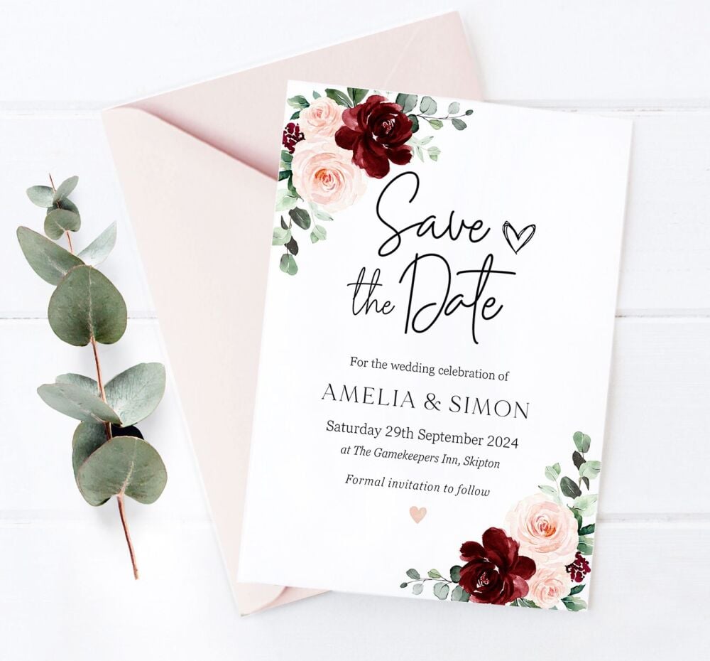Burgundy & Blush Florals Save The Date