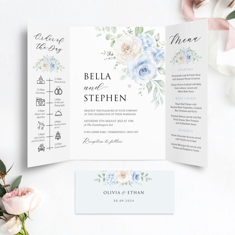 Blue & Ivory Florals Wedding Invitation Sample