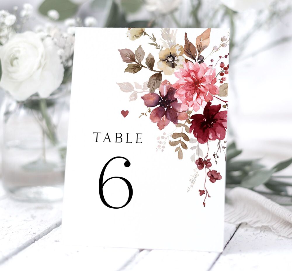 Burgundy & Autumn Floral Table Numbers