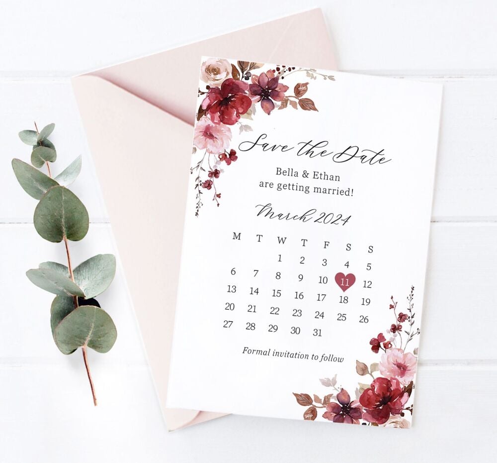 Burgundy & Autumn Floral Save The Date