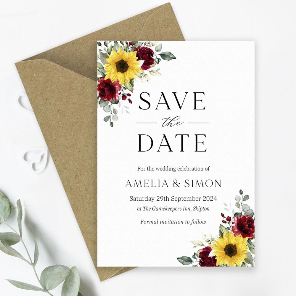 Sunflower & Burgundy Save the Date