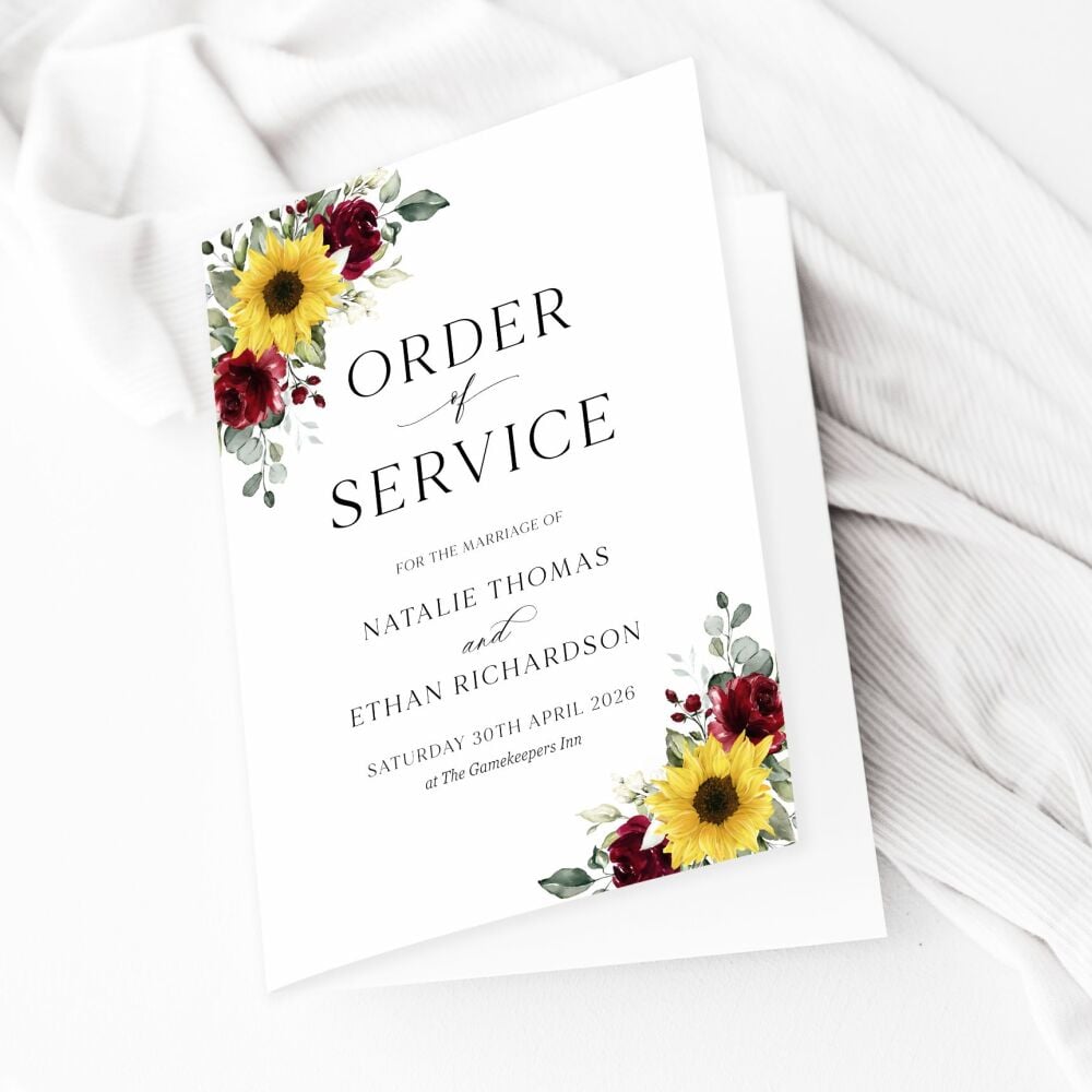 Sunflower & Burgundy Order of Service Booklet