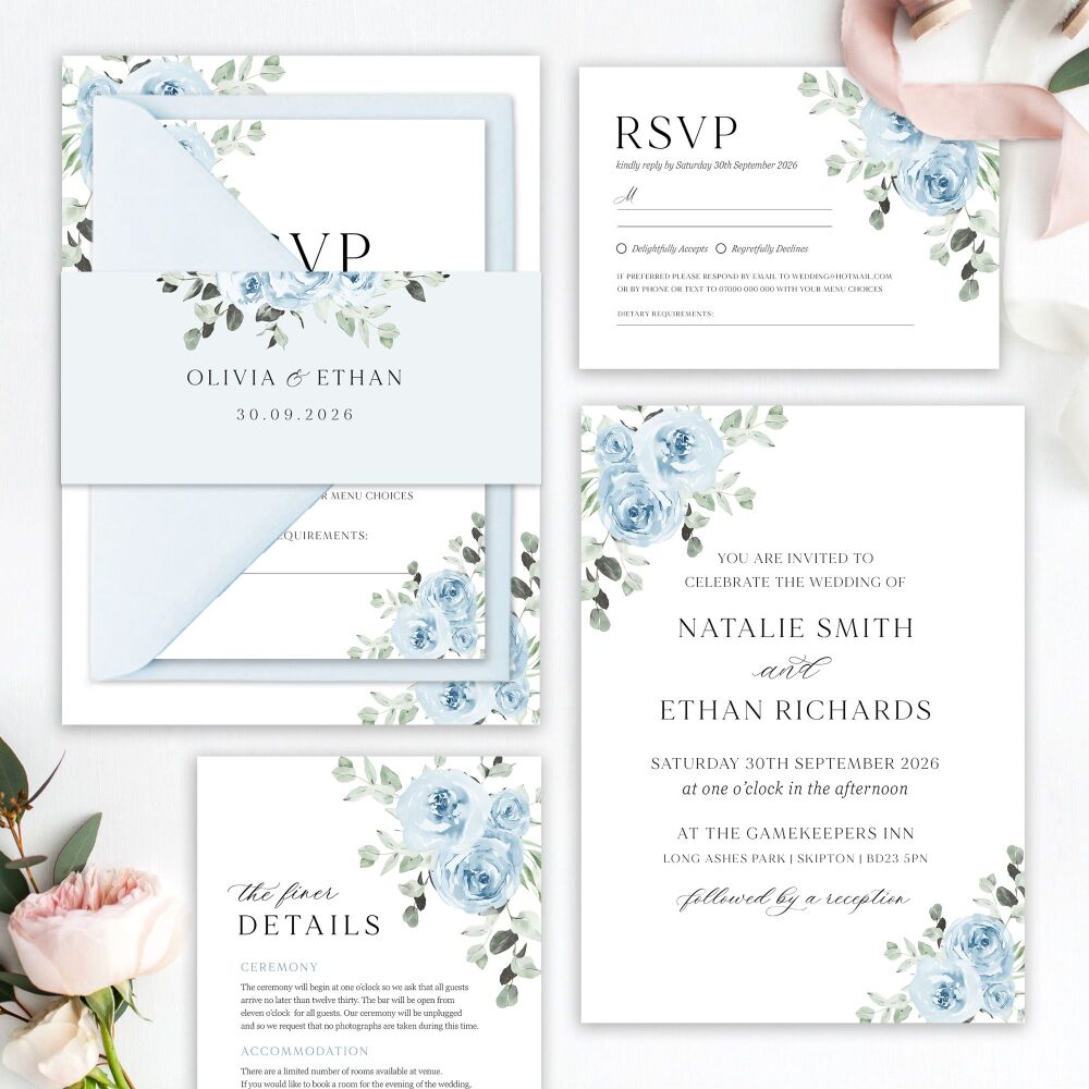 Baby Blue Floral Wedding Invitation Sample