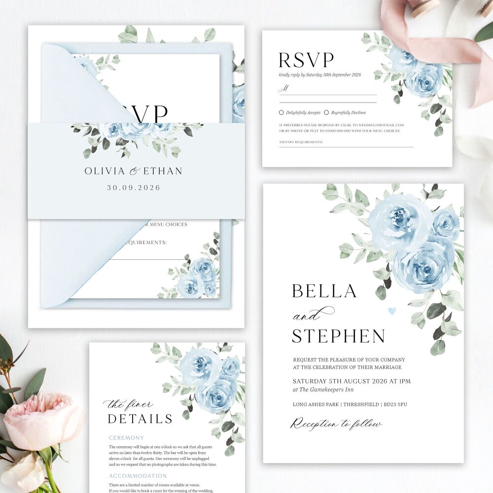 Baby Blue Floral Wedding Invitation Sample
