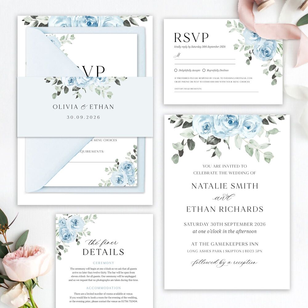 Baby Blue Floral Wedding Invitation Sample