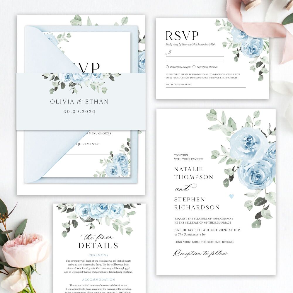 Baby Blue Floral Wedding Invitation Sample