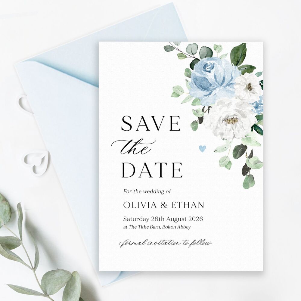 Blue Florals & Eucalyptus Save the Date