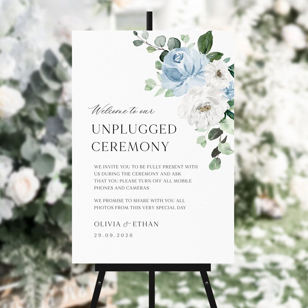 Blue Florals & Eucalyptus Unplugged Ceremony Sign