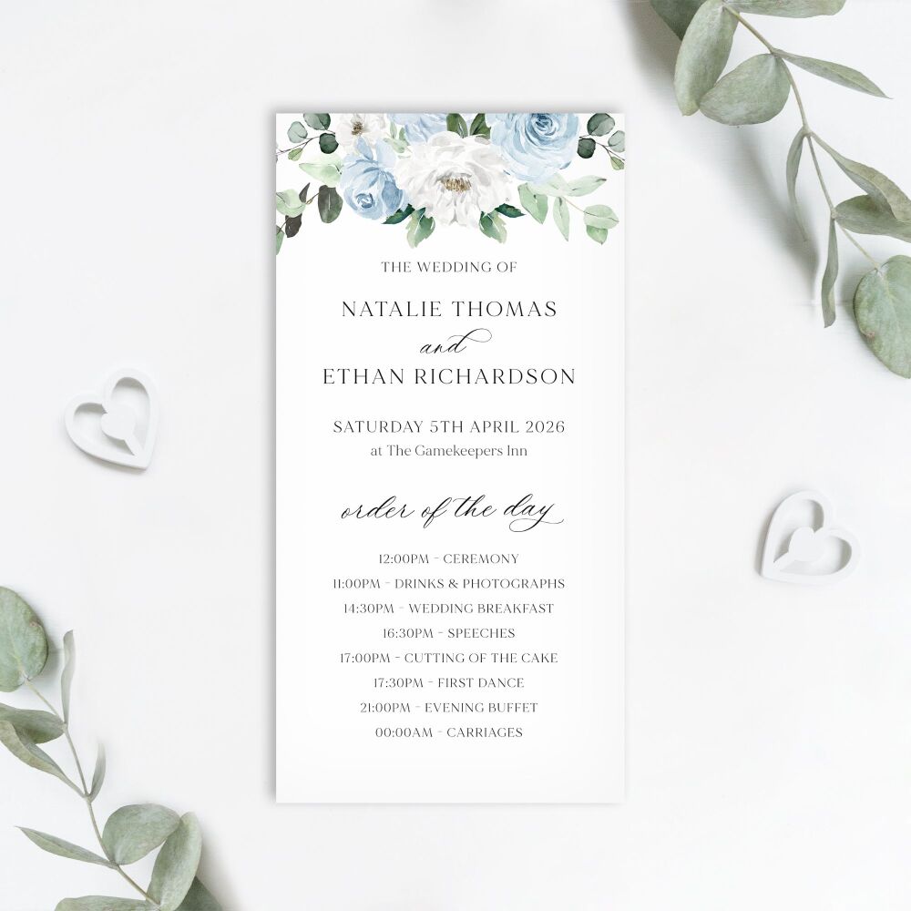 Blue Florals & Eucalyptus Order of the Day Card