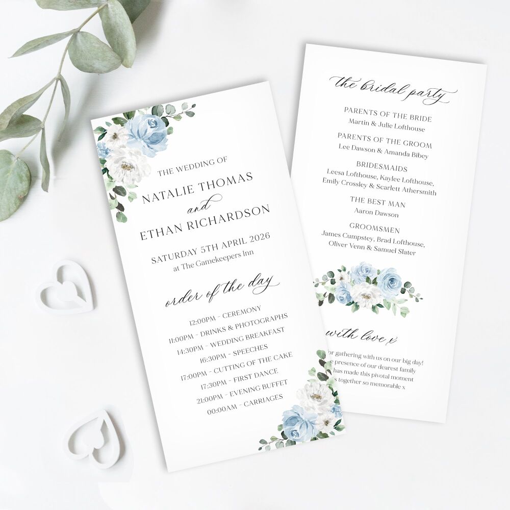 Blue Florals & Eucalyptus Order of Service Card