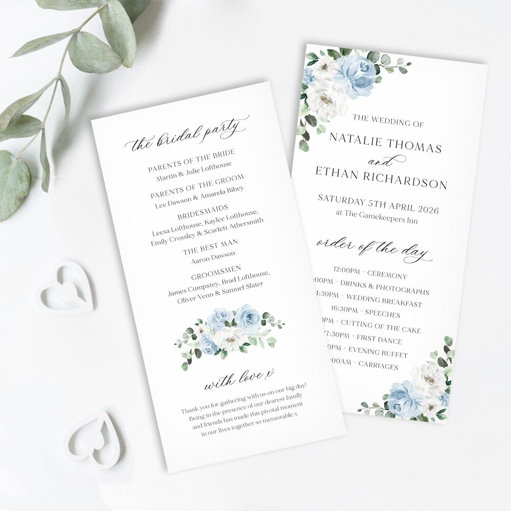 Blue Florals & Eucalyptus Order of Service Card