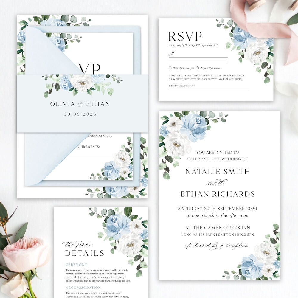 Blue Florals & Eucalyptus Wedding Invitation Sample