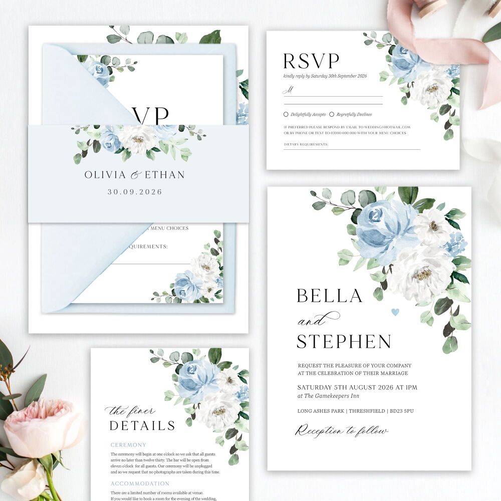 Blue Florals & Eucalyptus Wedding Invitation Sample