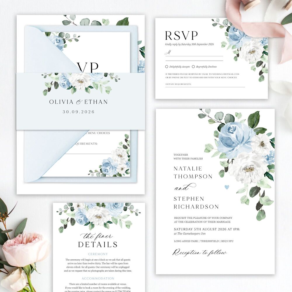 Blue Florals & Eucalyptus Wedding Invitation Sample