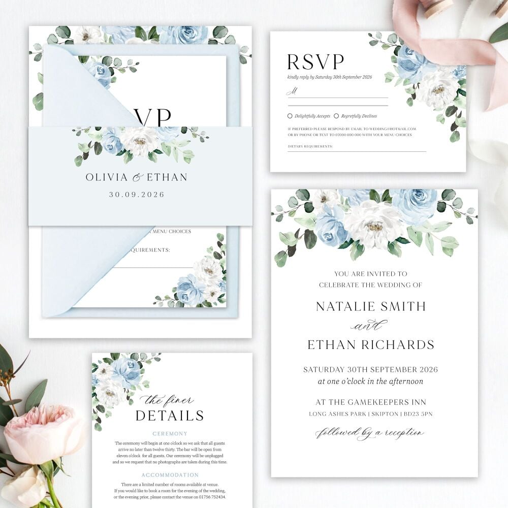 Blue Florals & Eucalyptus Wedding Invitation Sample