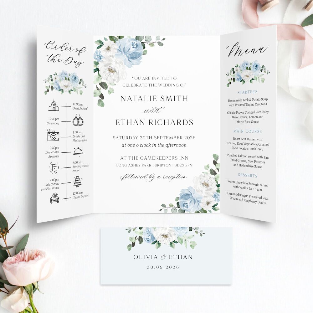 Blue Florals & Eucalyptus Wedding Invitation Sample
