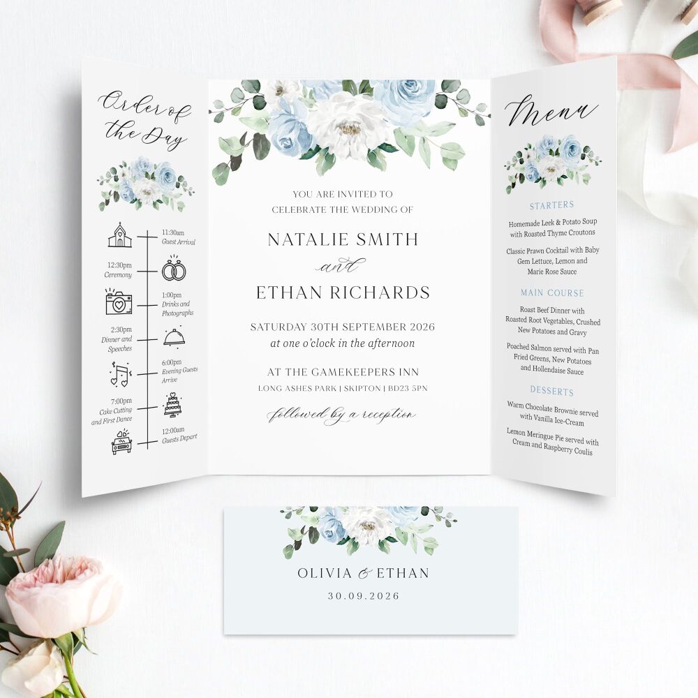 Blue Florals & Eucalyptus Wedding Invitation Sample