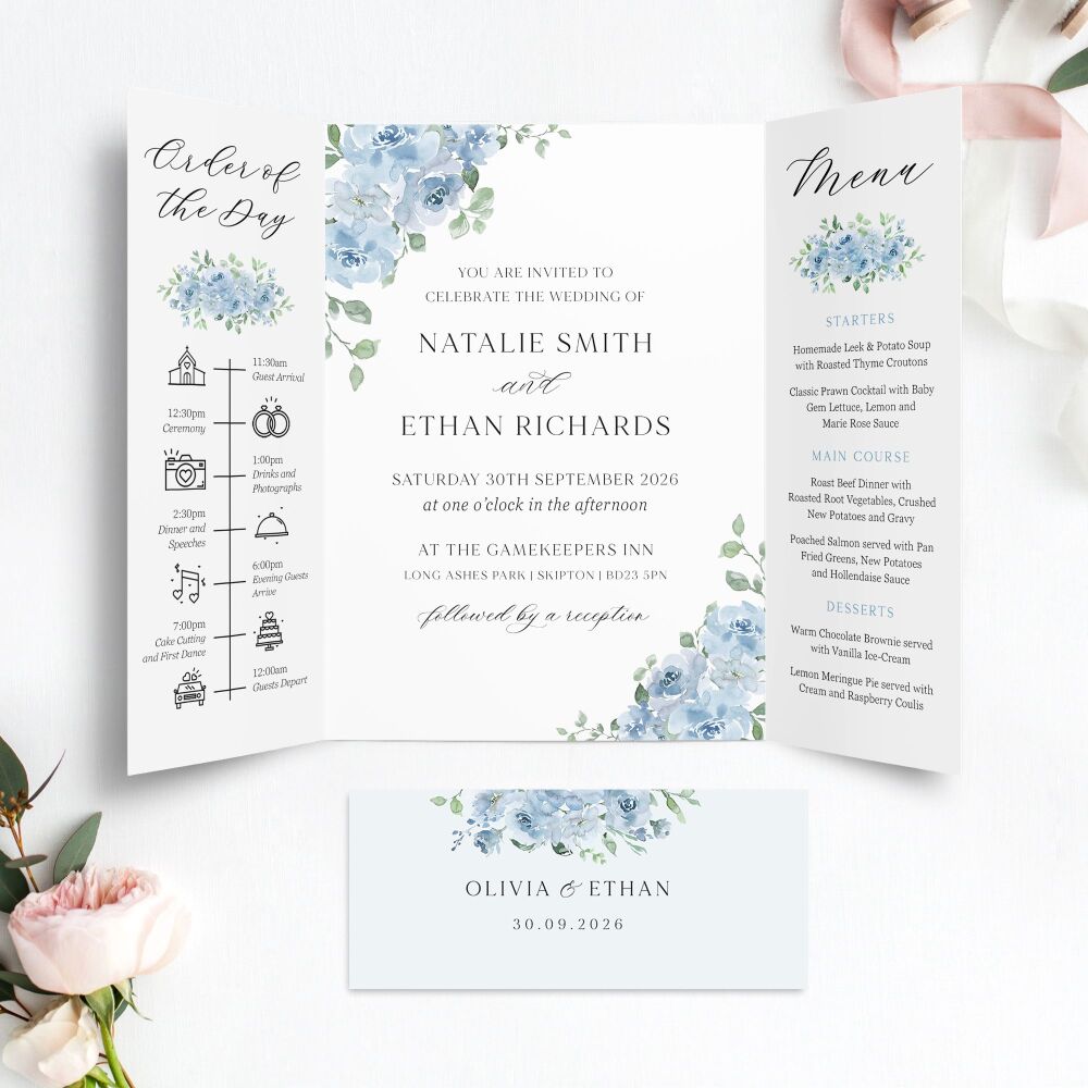 Dusky Blue Floral Wedding Invitation Sample