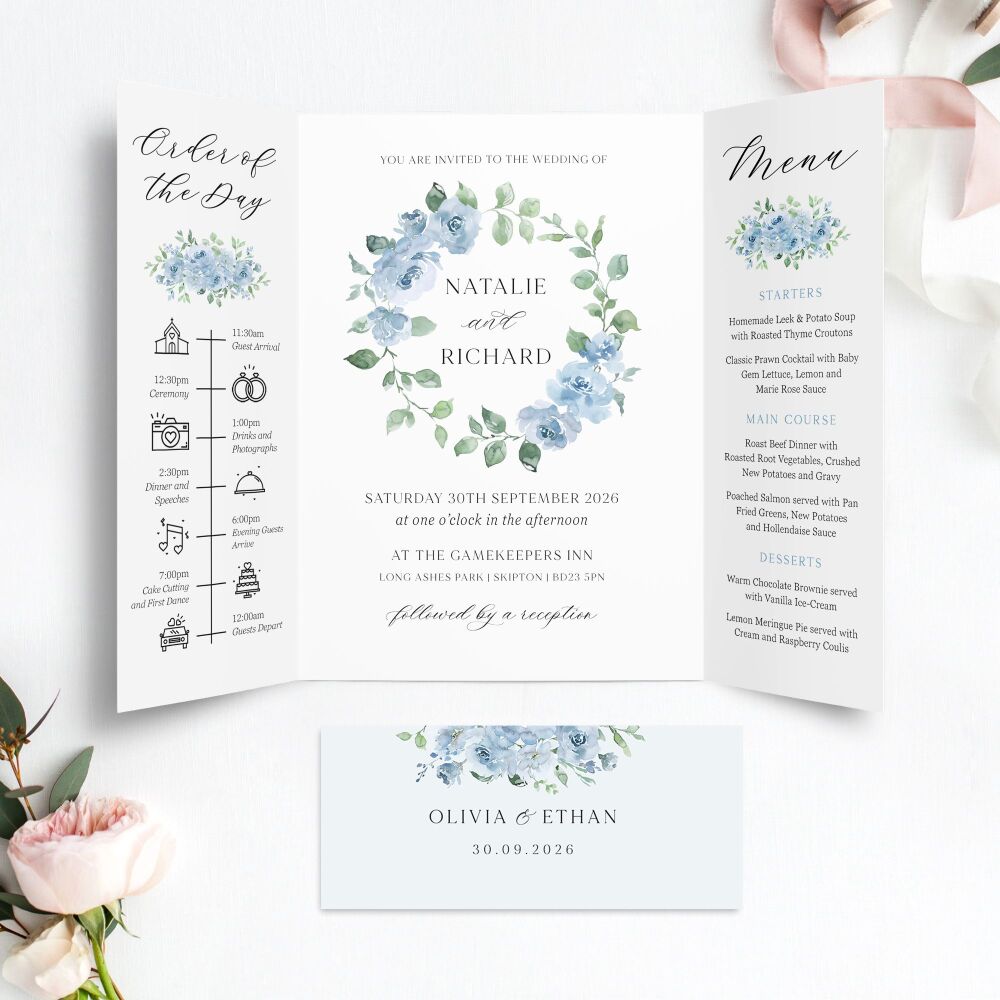 Dusky Blue Floral Wedding Invitation Sample