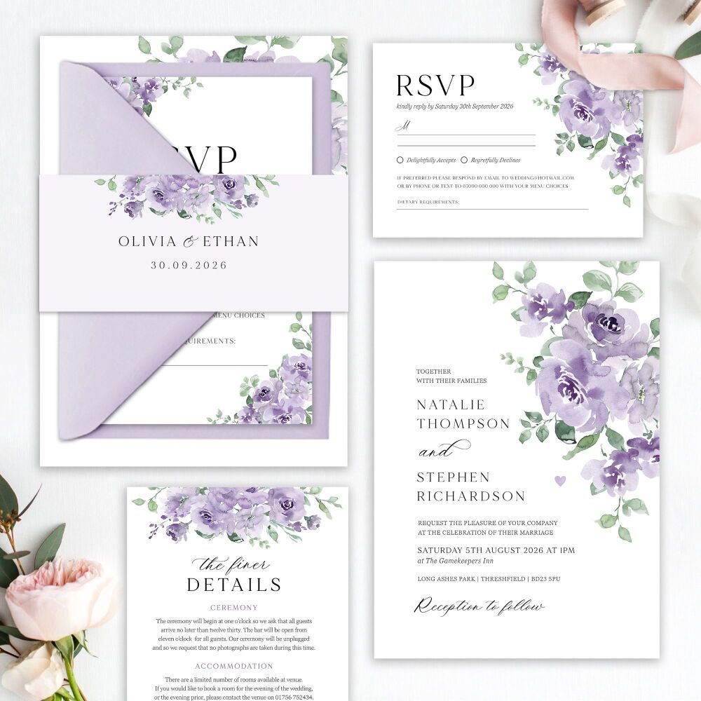 Dusky Mauve Floral Wedding Invitation Sample