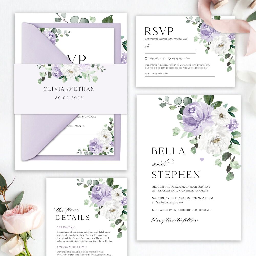 Lilac Florals & Eucalyptus Wedding Invitation Sample