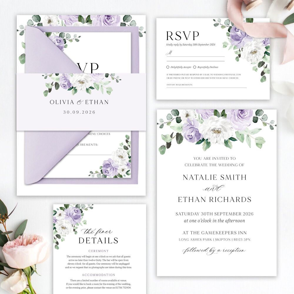 Lilac Florals & Eucalyptus Wedding Invitation Sample