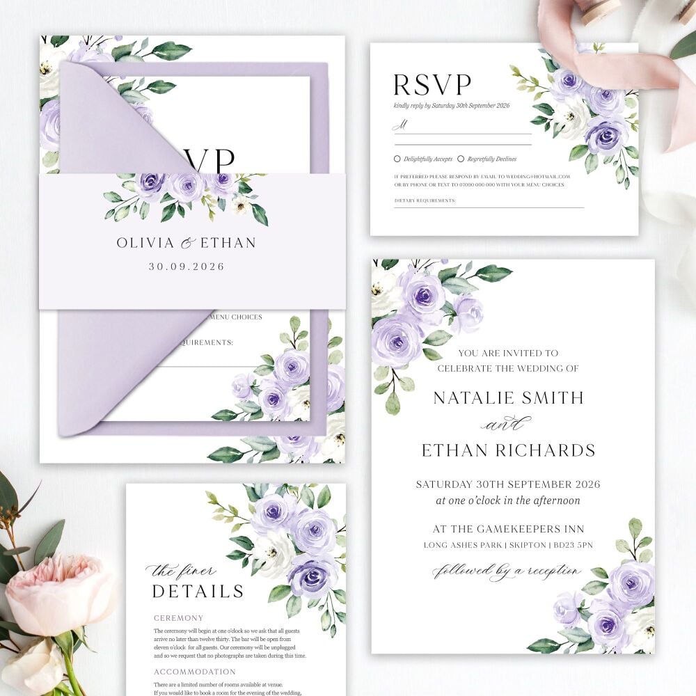 Lilac Roses Wedding Invitation Sample