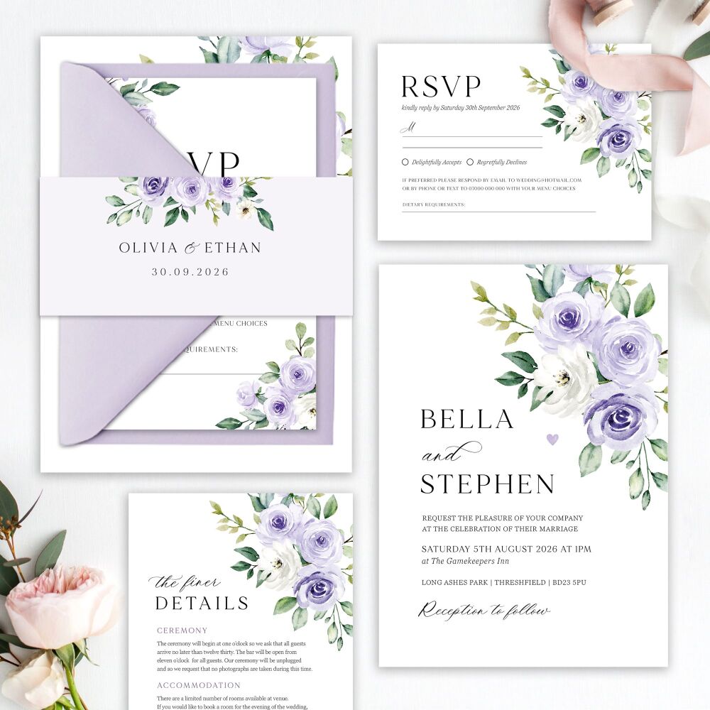 Lilac Roses Wedding Invitation Sample