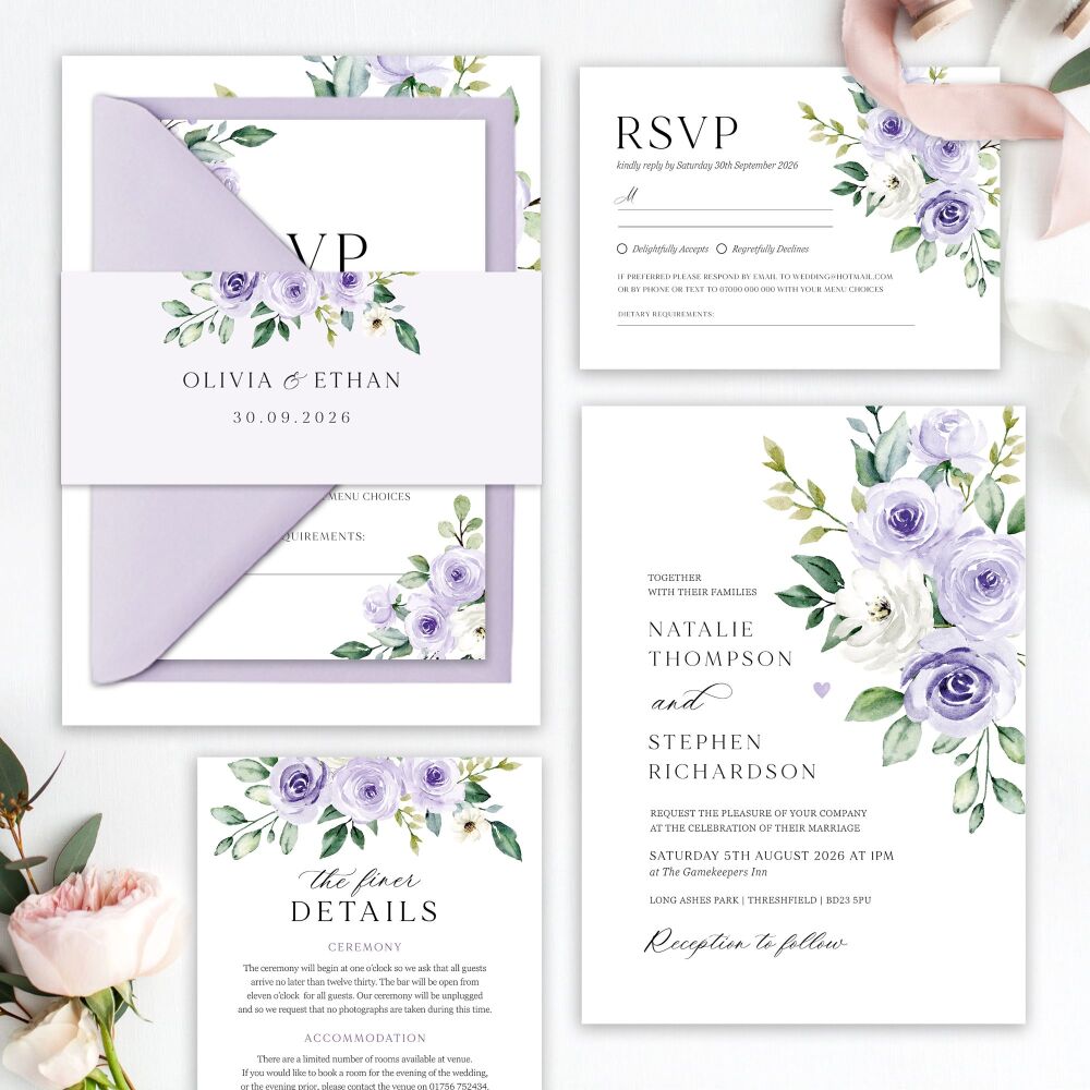 Lilac Roses Wedding Invitation Sample