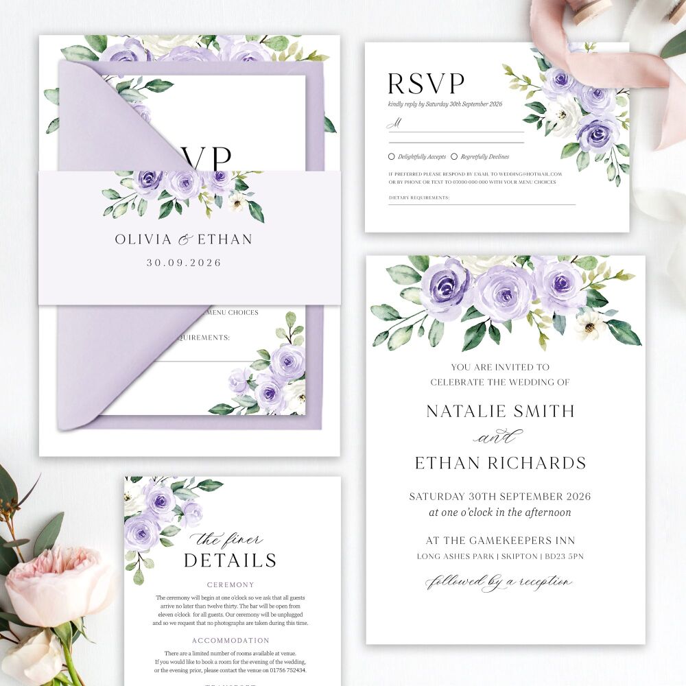 Lilac Roses Wedding Invitation Sample