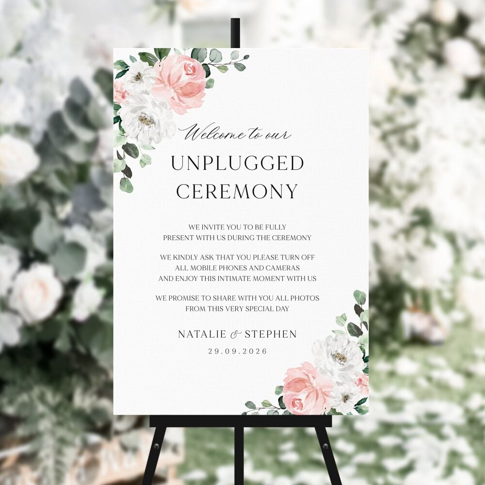 Blush Florals & Eucalyptus Unplugged Ceremony Sign